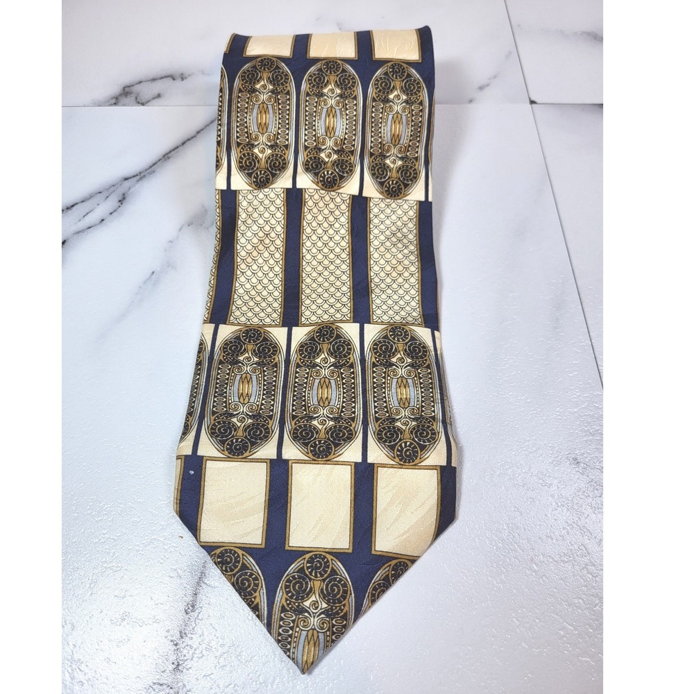 Bergamo New York Mens  Cream Blue Gold Art Deco Geometric Silk Tie Handmade‎